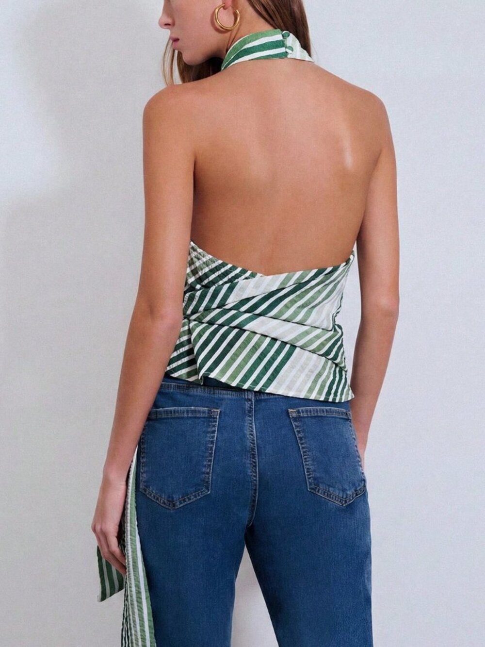 Green Casual Women's Diagonal Stripe Halter Cowl Neck Tank - Picture 2 of 6